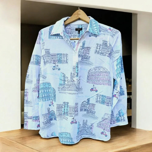 Talbots Womens Popover Tunic Blouse Roman Holiday City Scenes Long Sleeve LP - Picture 1 of 9